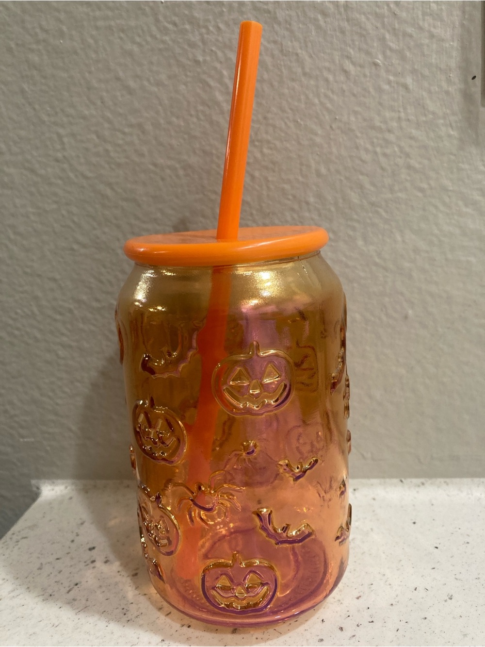 Orange Pumpkin Embossed Drink Jar with Straw